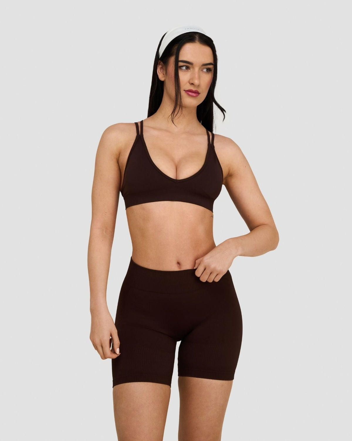 Elevate Sculpting Seamless High Apex Bra in Coffee Brown, front view with matching shorts