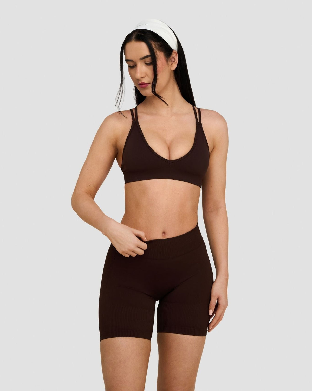 Elevate Sculpting Seamless High Apex Bra in Coffee Brown, front view with matching shorts