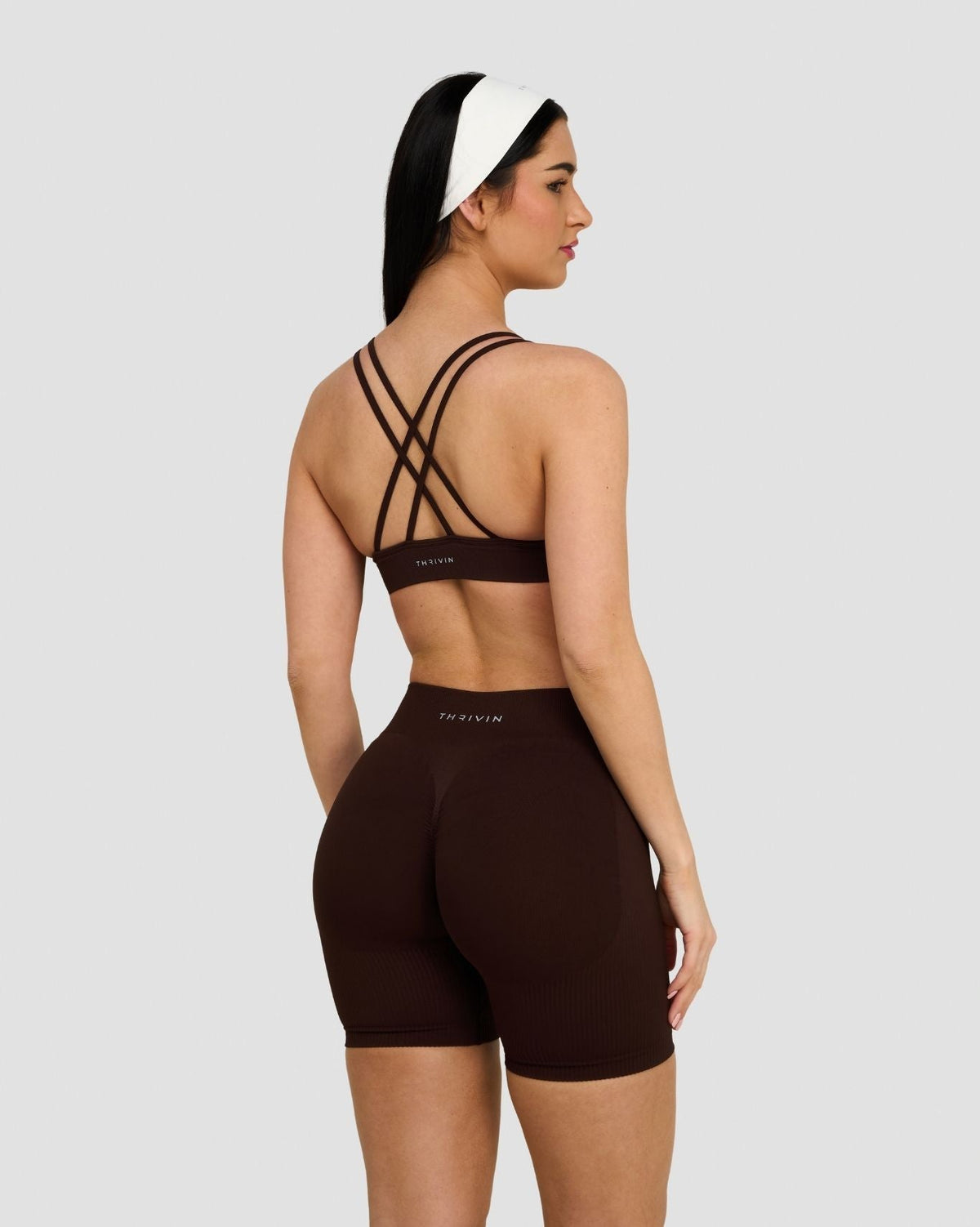 Elevate Sculpting Seamless High Apex Bra in Coffee Brown, back view of strappy crossback