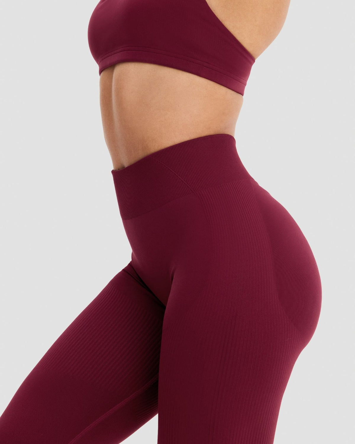 Elevate Sculpting Mid Waist Scrunch Leggings in Fine Wine Red, side close-up of high waistband