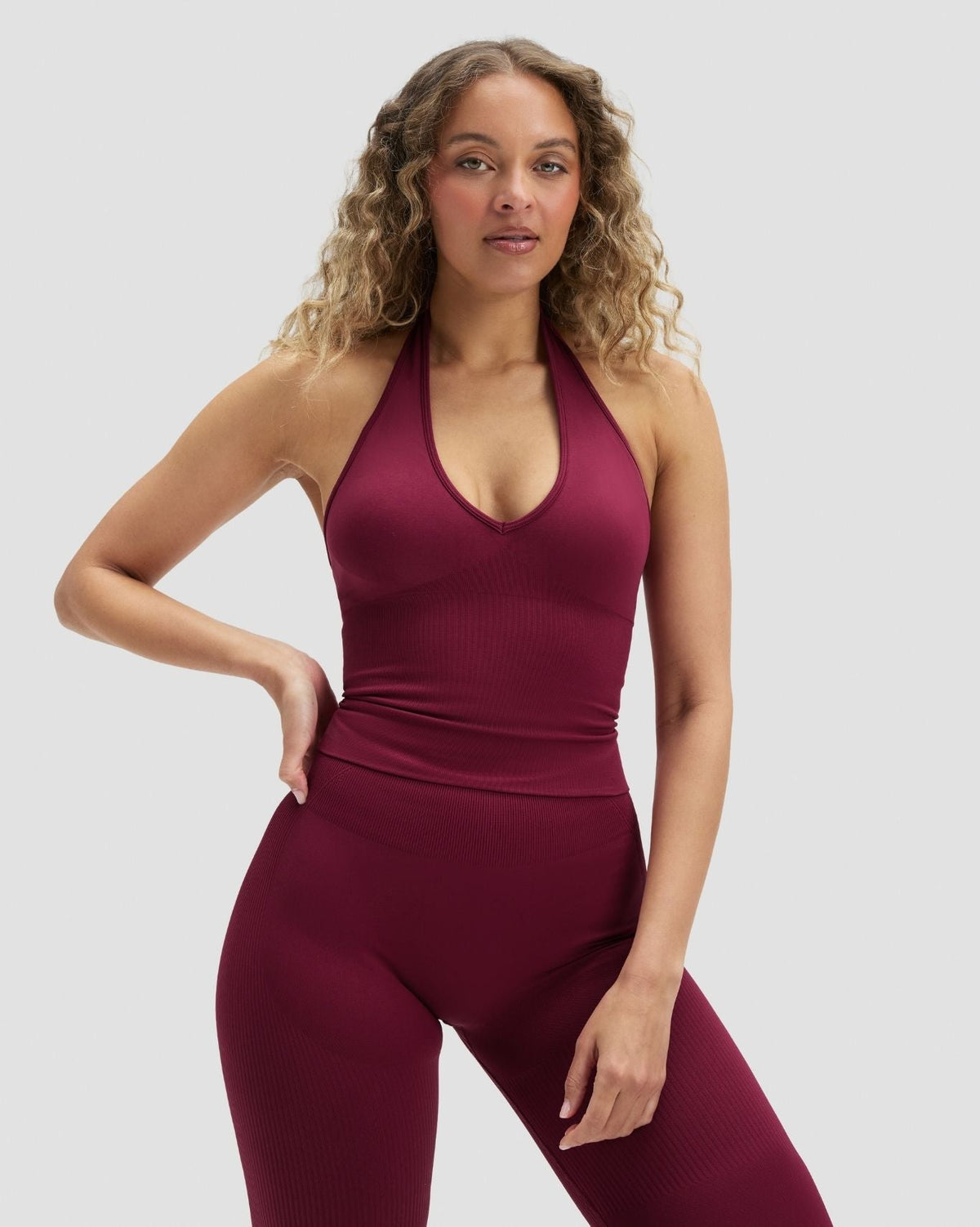 Elevate Sculpting Seamless Halterneck Top in Cherry Berry, front view with halter V-neckline