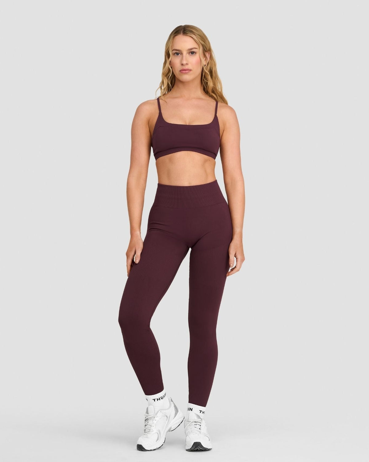 Elevate Sculpting High Waist Scrunch Leggings in Dark Mauve, front full-length view styled with sports bra