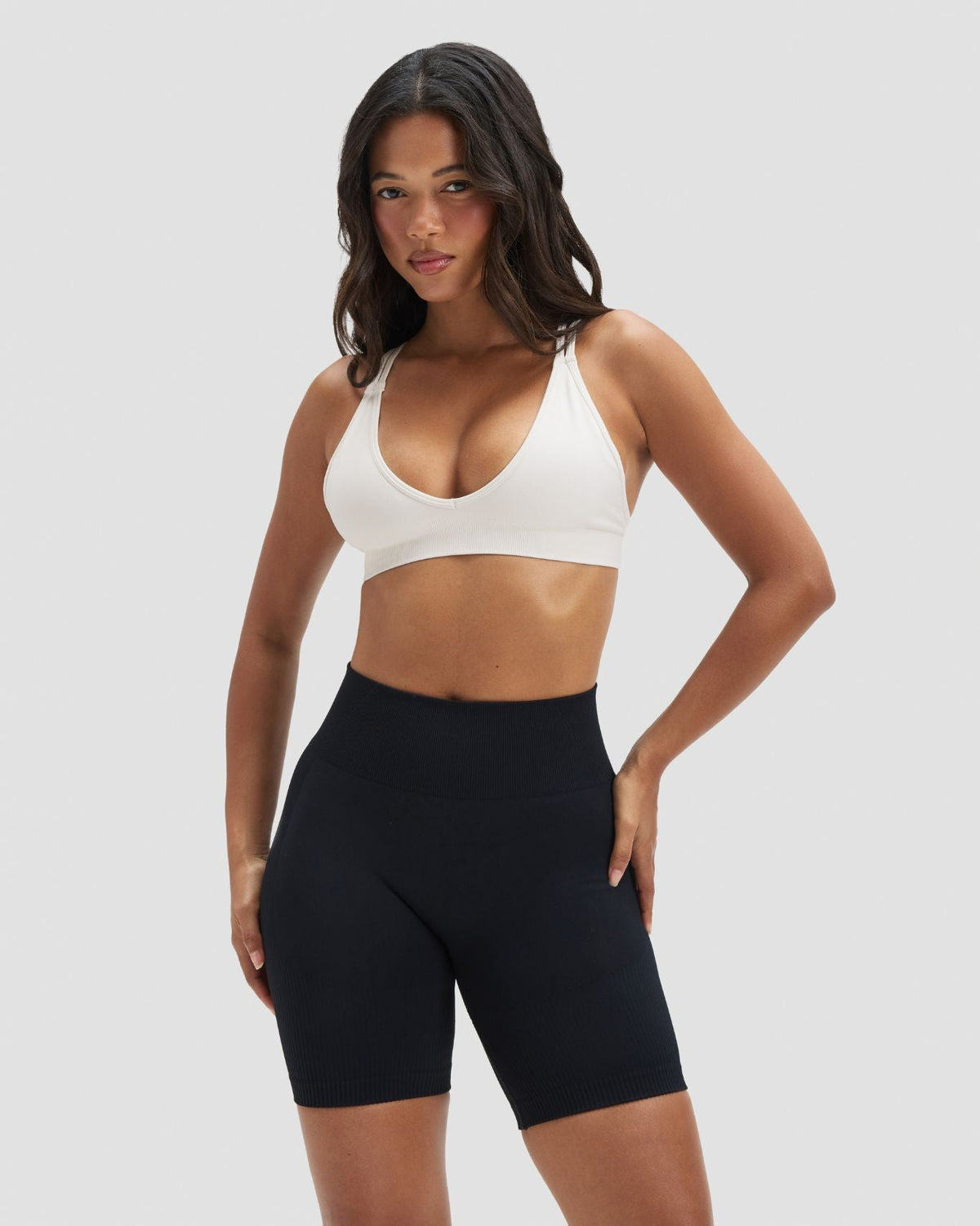 Elevate Sculpting High Waist Scrunch Shorts in Night Black, front view with ribbed high waistband