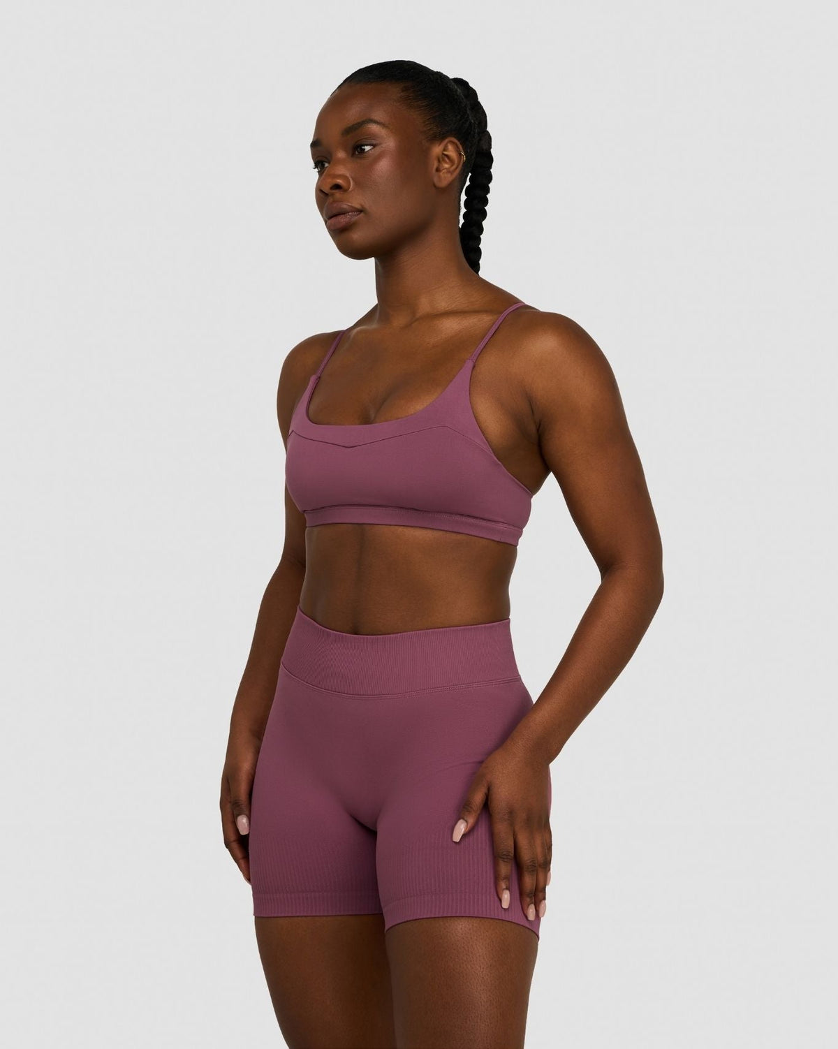 Elevate Sculpting Seamless Scoop Neck Bra in Orchid Mauve, three-quarter front view with thin adjustable straps