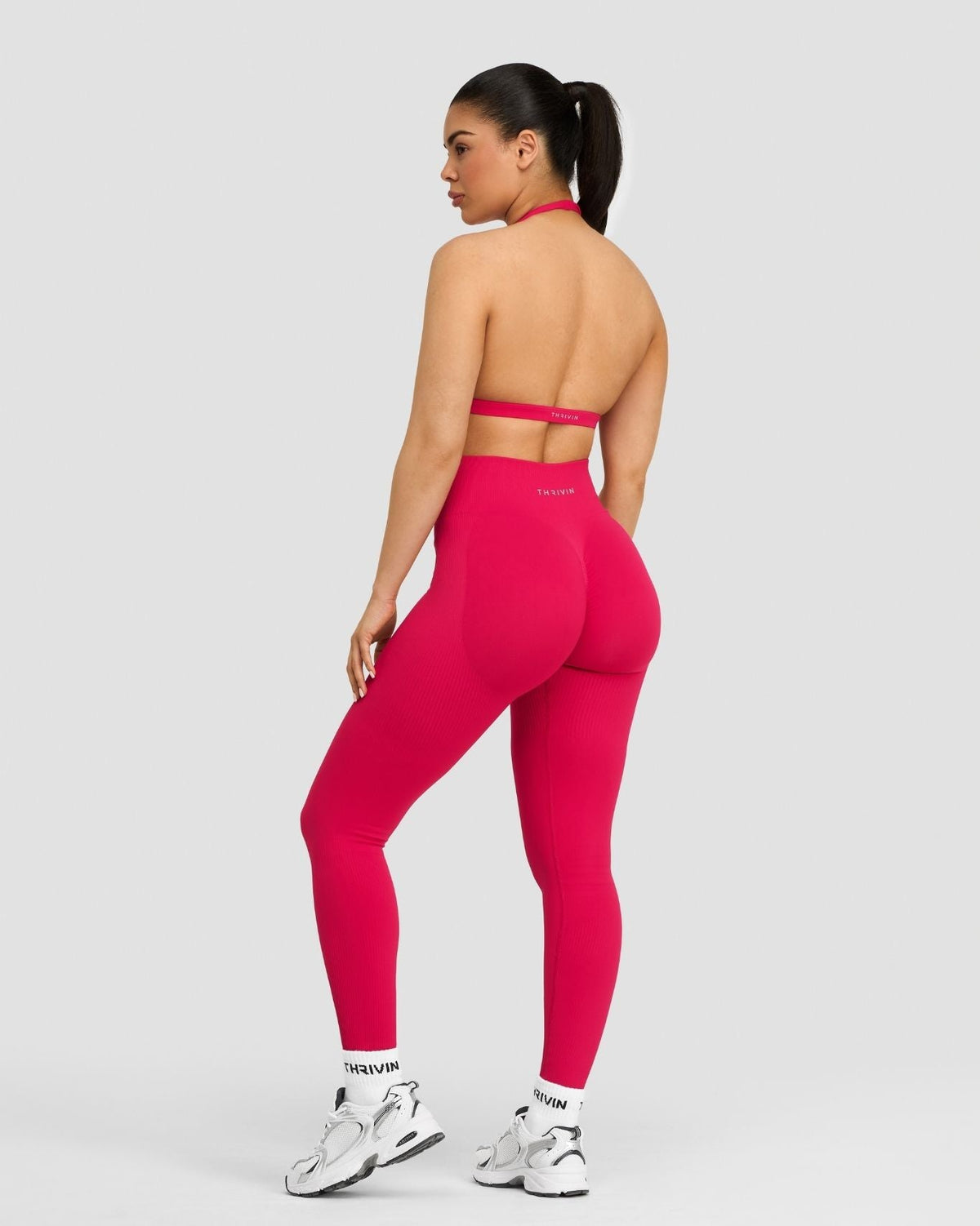 Elevate Sculpting High Waist Scrunch Leggings in Strawberry, full-length back view with open back halter bra