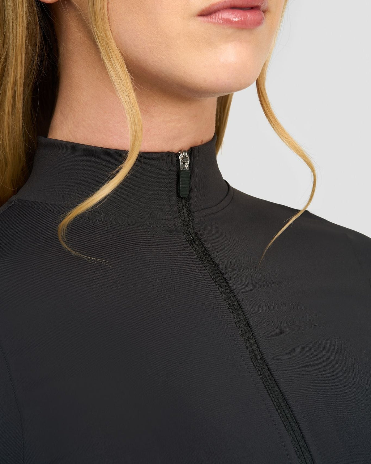 Elevate Compression Long Sleeve Jacket in Charcoal Grey, close-up of high neck and zip
