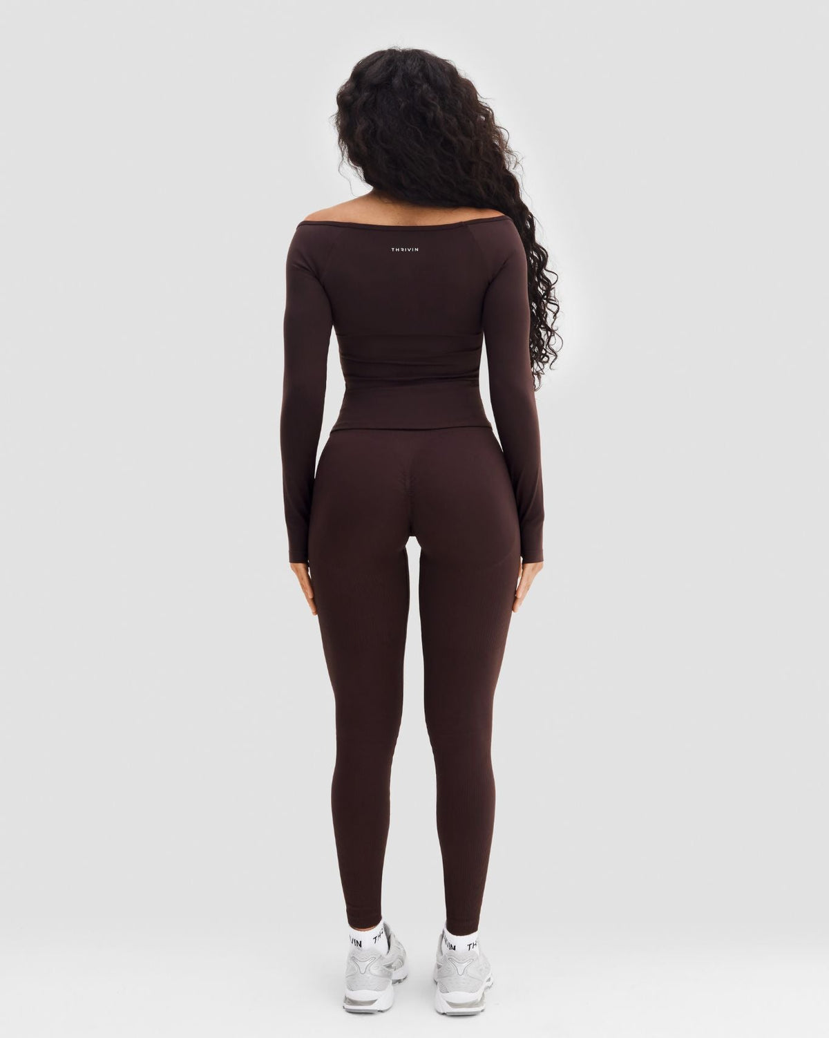 Elevate Sculpting Seamless V-Neck Top in Coffee Brown, full-length back view
