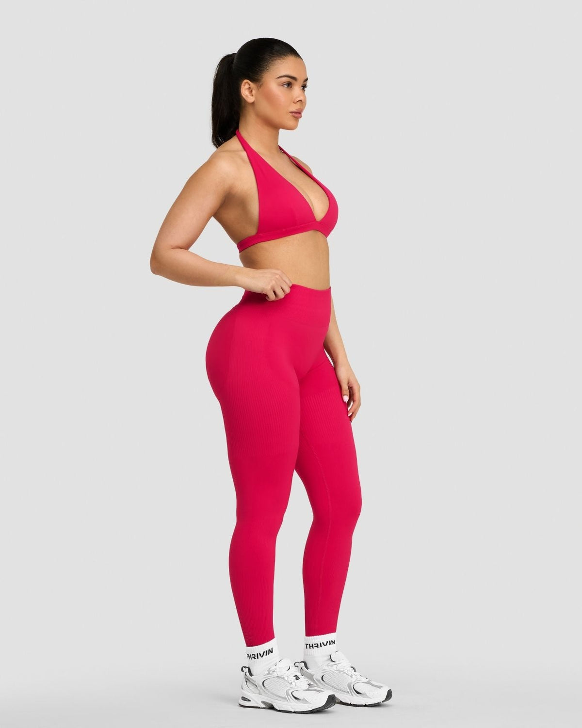 Elevate Sculpting High Waist Scrunch Leggings in Strawberry, full-length three-quarter view with halter bra