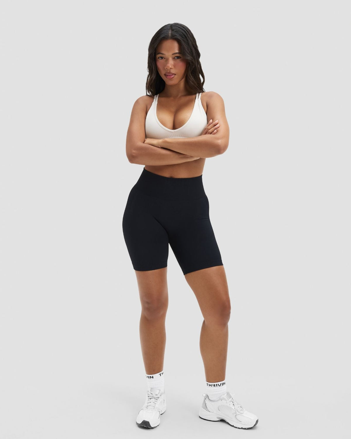 Elevate Sculpting High Waist Scrunch Shorts in Night Black, full-length front view with ribbed high waistband