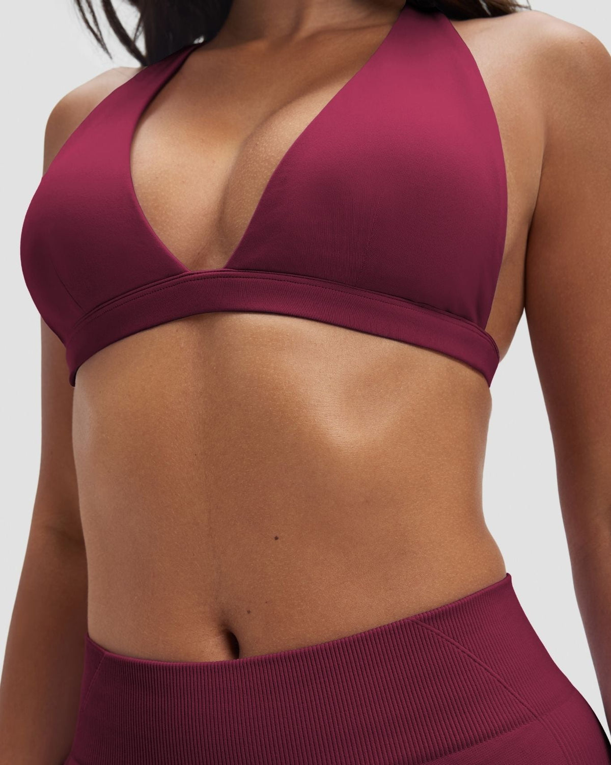 Elevate Sculpting Seamless V-Neck Halter Bra in Cherry Berry, front close-up of plunge V-neckline