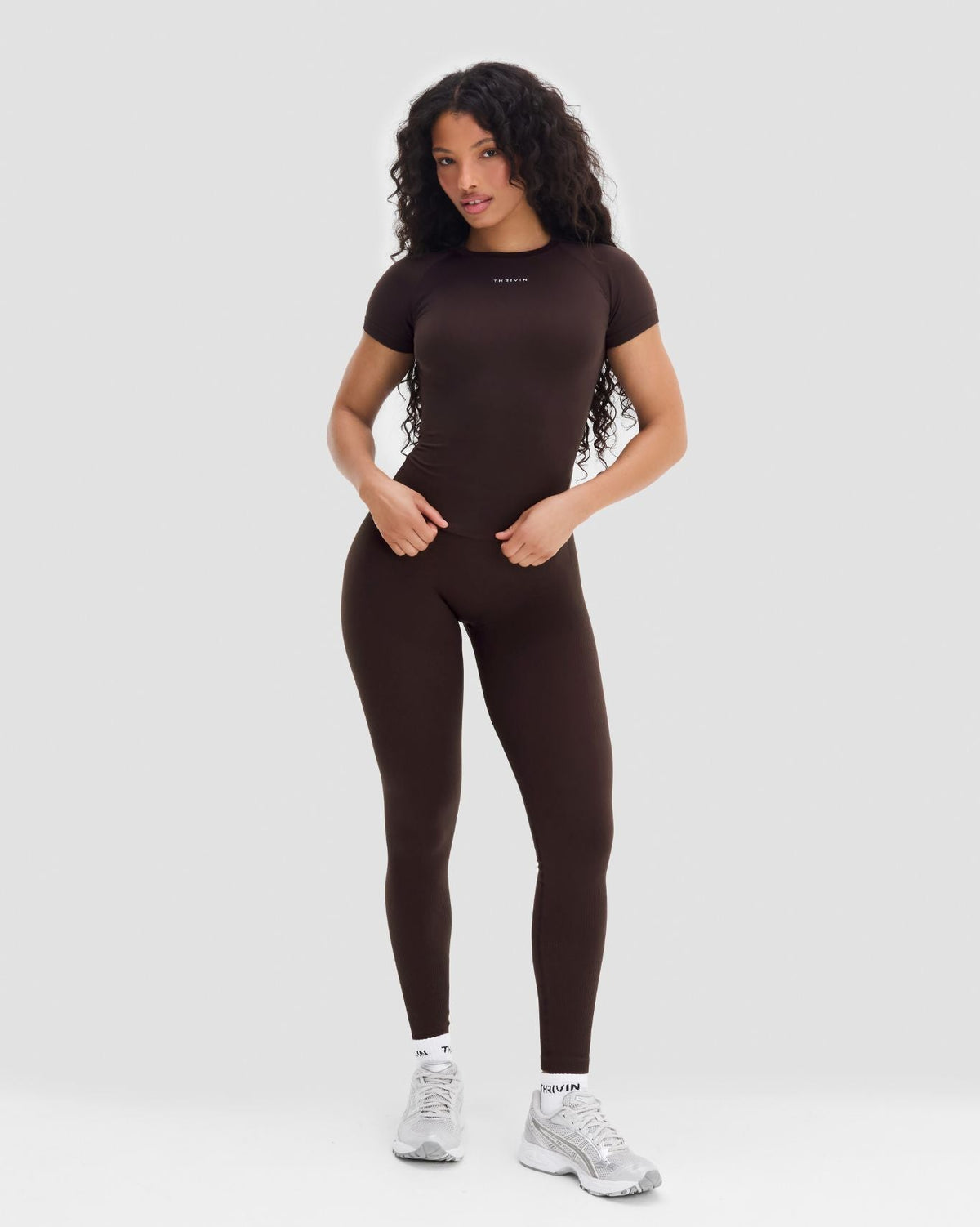 Elevate Compression T-Shirt in Coffee Brown, full front view styled with matching leggings