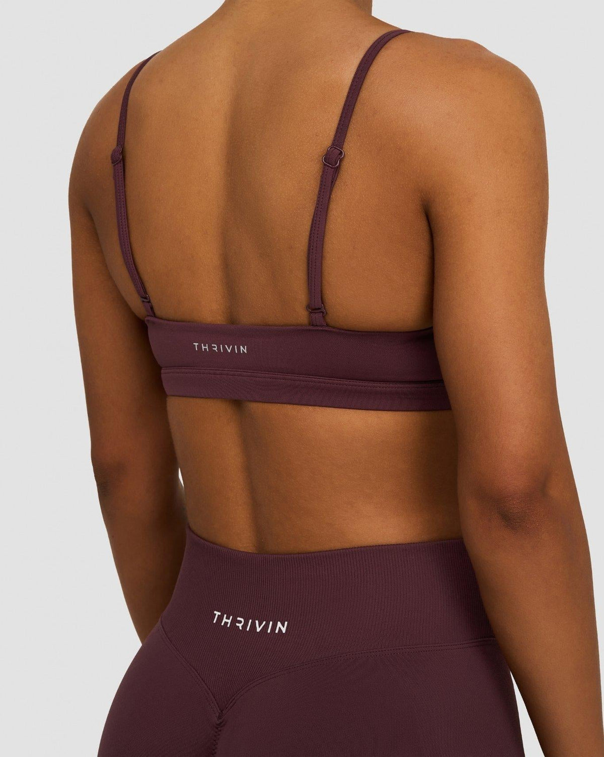Elevate Sculpting Seamless Scoop Neck Bra in Dark Mauve, back close-up of straps and THRIVIN logo band