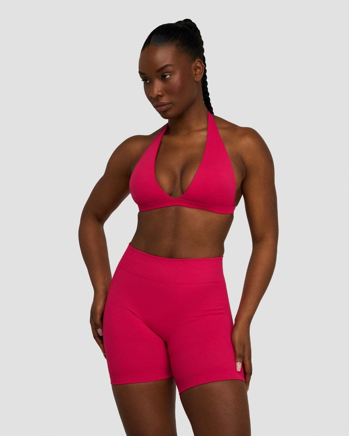 Elevate Sculpting Seamless V-Neck Halter Bra in Strawberry, front view styled with matching shorts