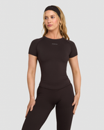 Elevate Compression T-Shirt in Coffee Brown, front view with crew neck, raglan sleeves and small Thrivin logo on the chest