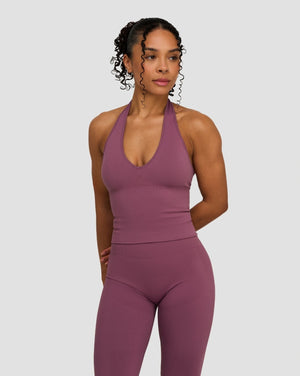 Elevate Sculpting Seamless Halterneck Top in Orchid Mauve, front view of halterneck V-neckline, with matching leggings