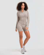 Elevate Compression Long Sleeve Jacket in Latte Grey, full-length front view with full-length zip and thumbholes