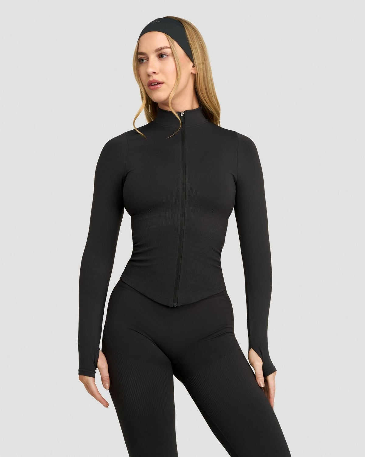 Elevate Compression Long Sleeve Jacket in Charcoal Grey, front view of zip front and thumbholes