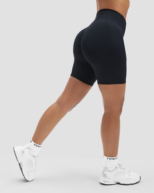 Elevate Sculpting High Waist Scrunch Shorts in Night Black, back view with scrunch seam and ribbed knit