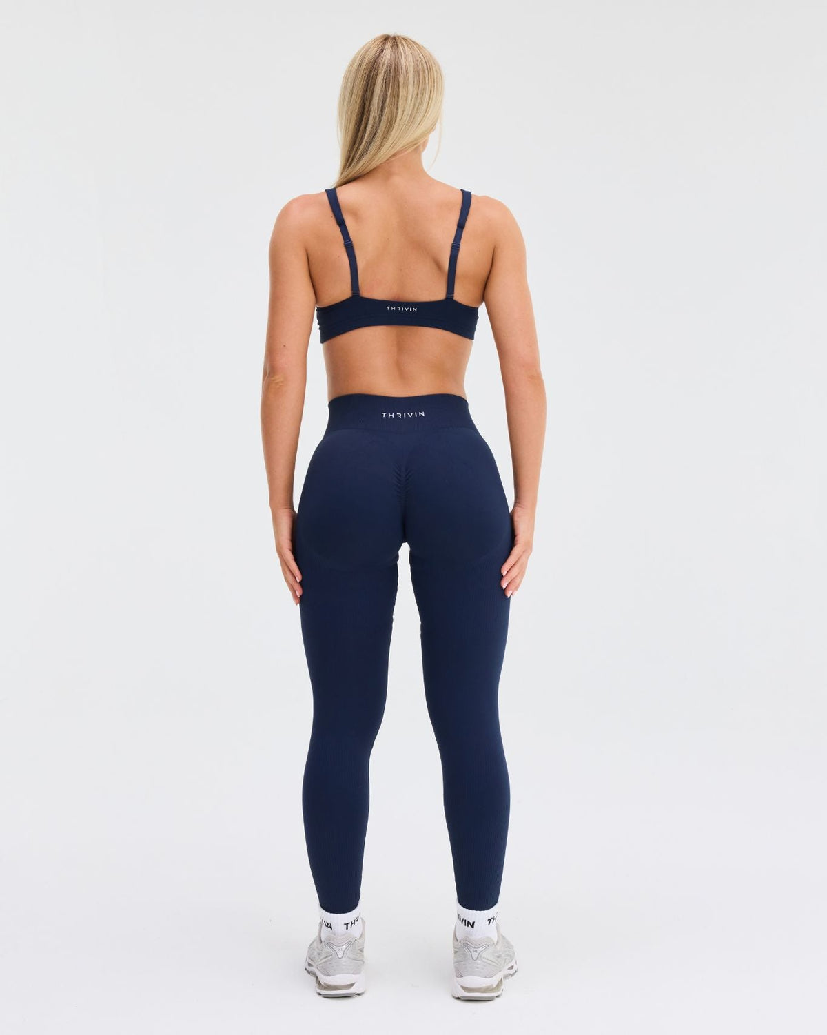 Elevate Sculpting Mid Waist Scrunch Leggings in Midnight Navy Blue, full-length back view with high waistband