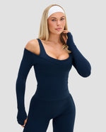 Elevate Sculpting Seamless V-Neck Top in Midnight Navy Blue, front view with cold shoulder neckline and headband
