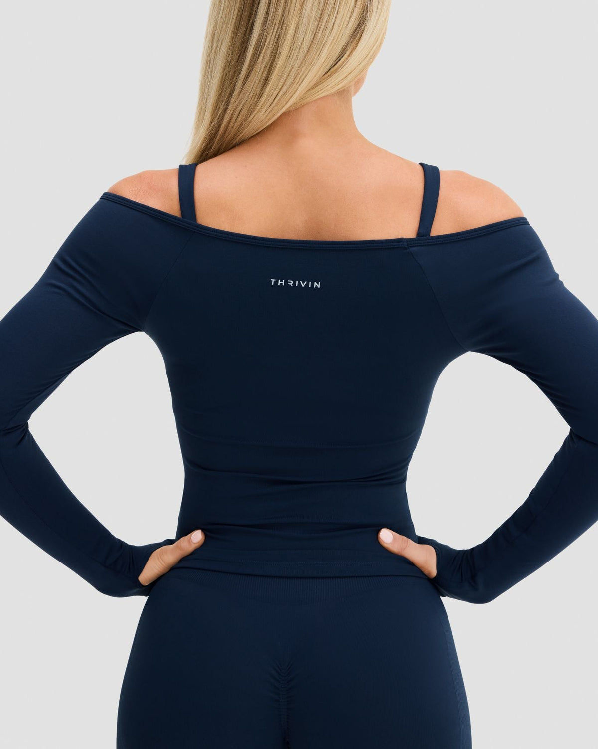 Elevate Sculpting Seamless V-Neck Top in Midnight Navy Blue, back close-up of straps and cold shoulder detail