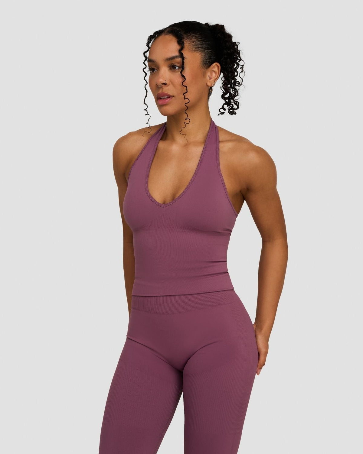 Elevate Sculpting Seamless Halterneck Top in Orchid Mauve, three-quarter front view of halterneck with V-neckline