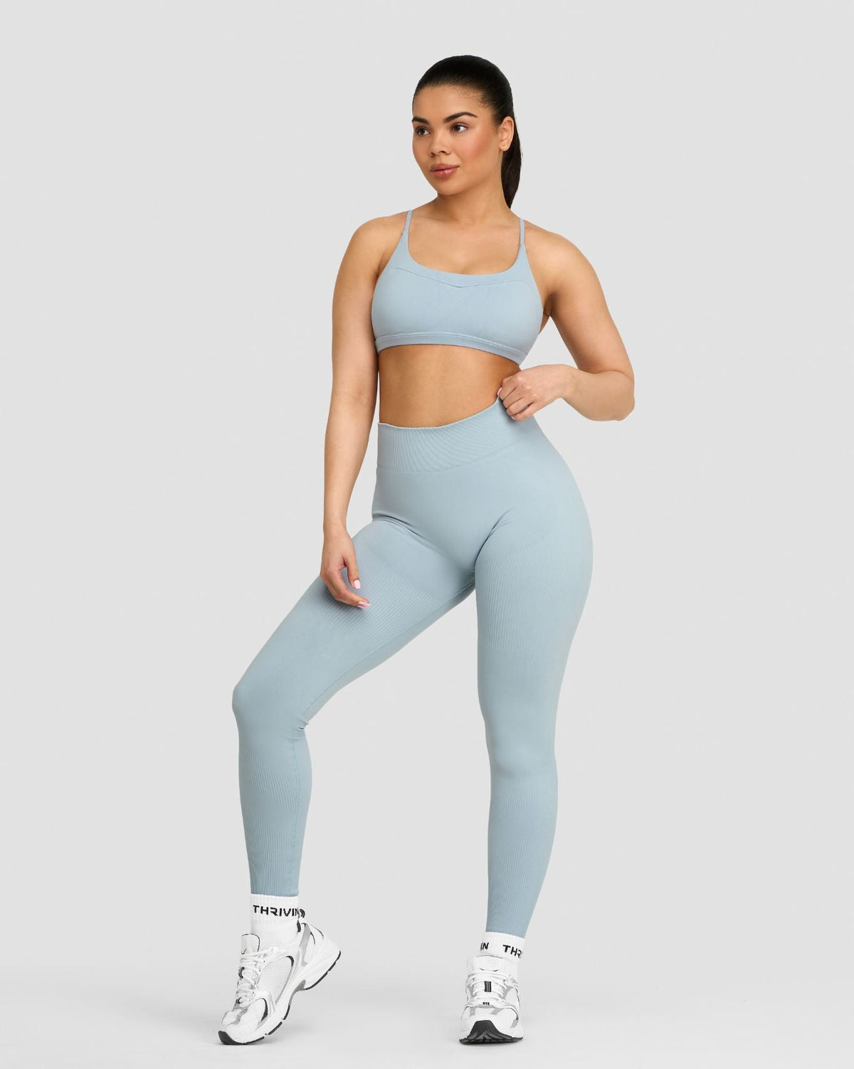 Elevate Sculpting Mid Waist Scrunch Leggings in Blue Haze, full-length front view with ribbed waistband