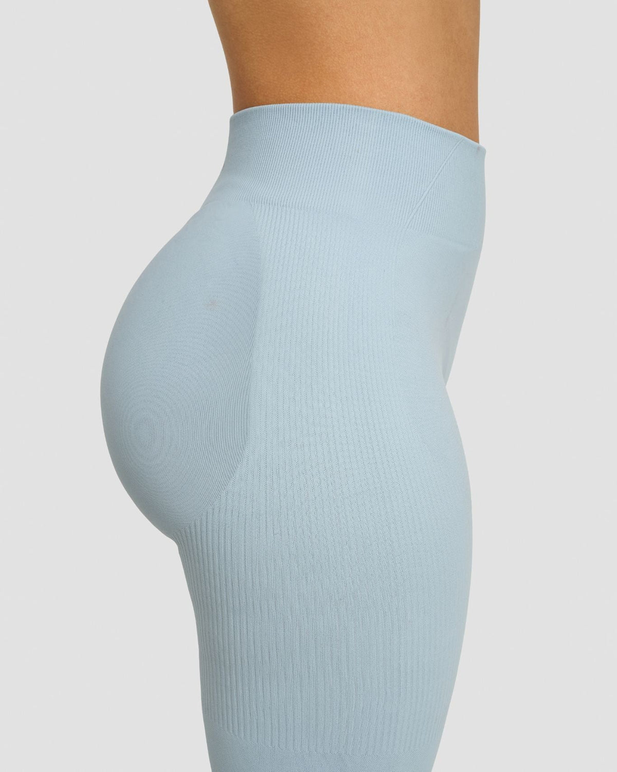 Elevate Sculpting Mid Waist Scrunch Leggings in Blue Haze, side close-up of ribbed knit and high waist