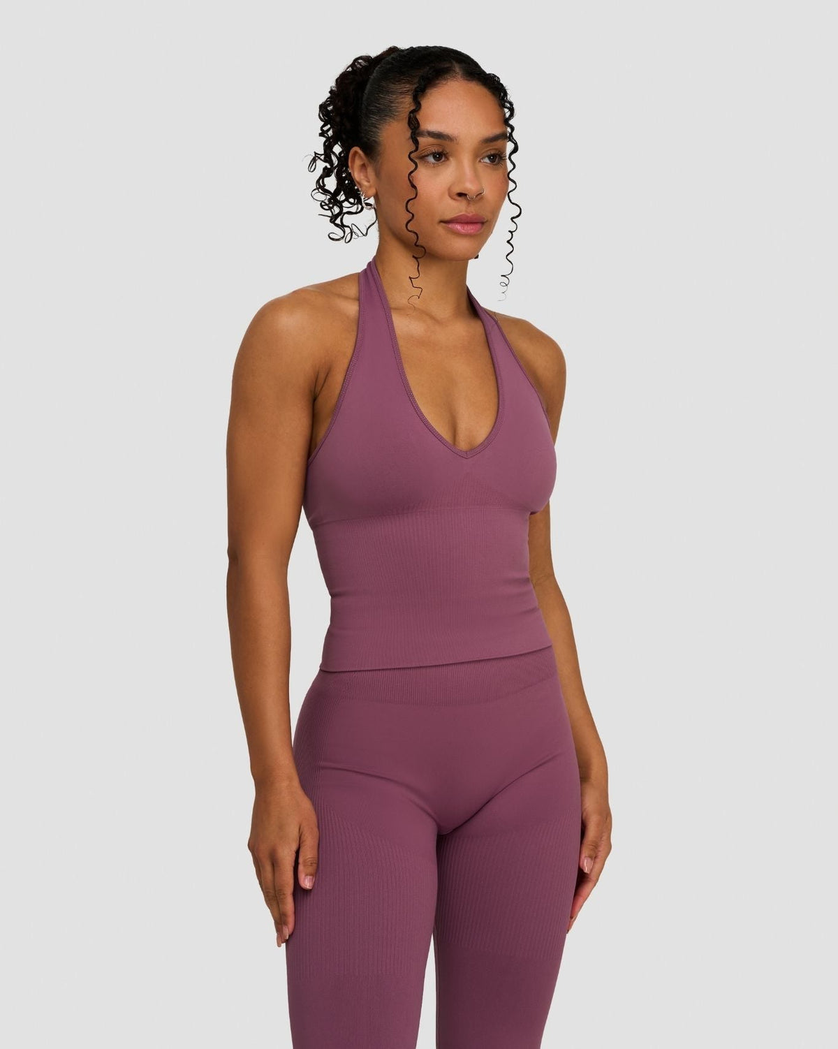 Elevate Sculpting Seamless Halterneck Top in Orchid Mauve, side view of halterneck top with matching leggings